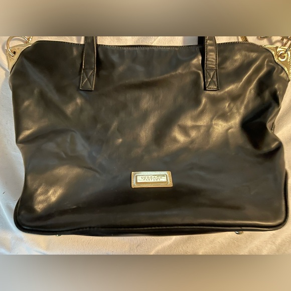 Large Auth Versace Perfums Leather Travel Bag Wide Strap W Dbl Handles Gold Acct - Picture 2 of 14